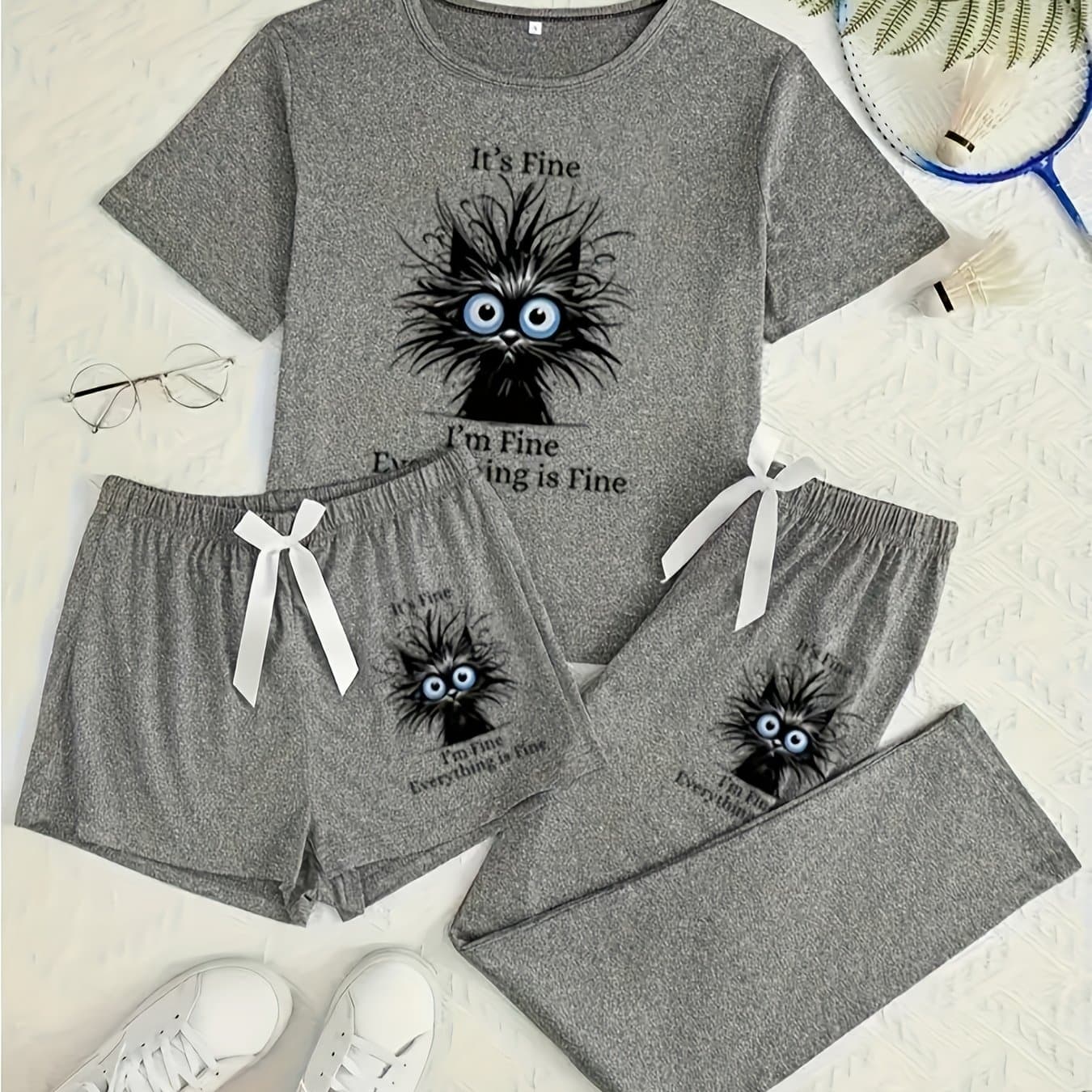 TEMU 3pcs Women's Pajamas With Kitten Print - Short Sleeve & Shorts/suit Sleepwear, High- Nightgown & Matching Pants, Detail - - Machine Washable Pajase For & Women () - Non-sheer 3pcs Set