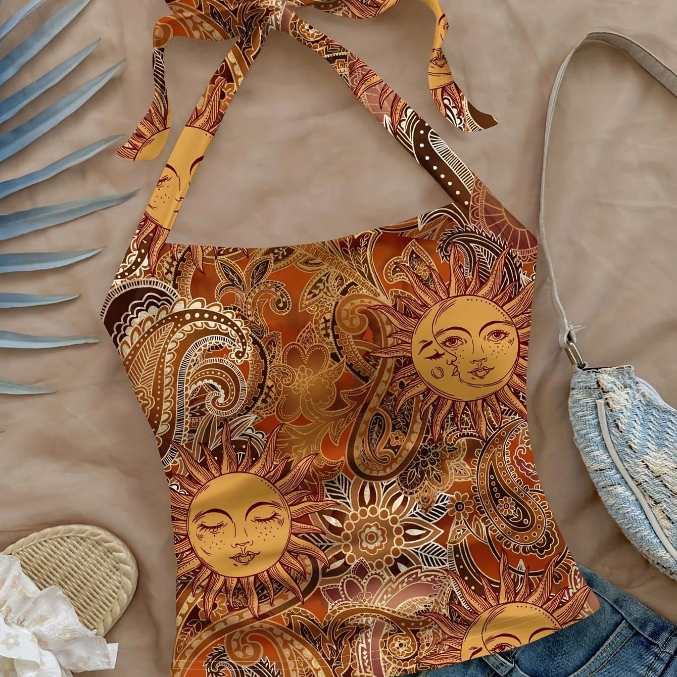 TEMU Women's Paisley All- Halter Neck Tank Top - High Sleeveless Summer Top With Back Tie Detail, Machine Washable Casual Beachwear For Spring/fall, Seasonal Fashion, Nontransparent Fabric