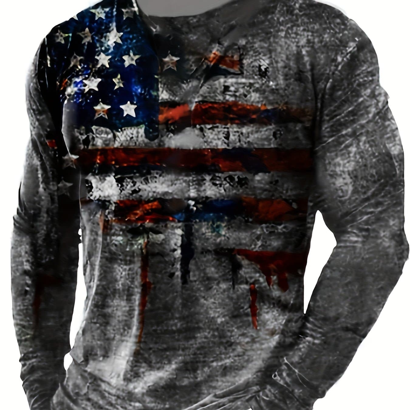 TEMU 1 Men's American Flag Print Long-sleeve T-shirt - Casual Crew Neck All-, Machine Washable Polyester Top For Wear, Christmas & Halloween Gift For Men