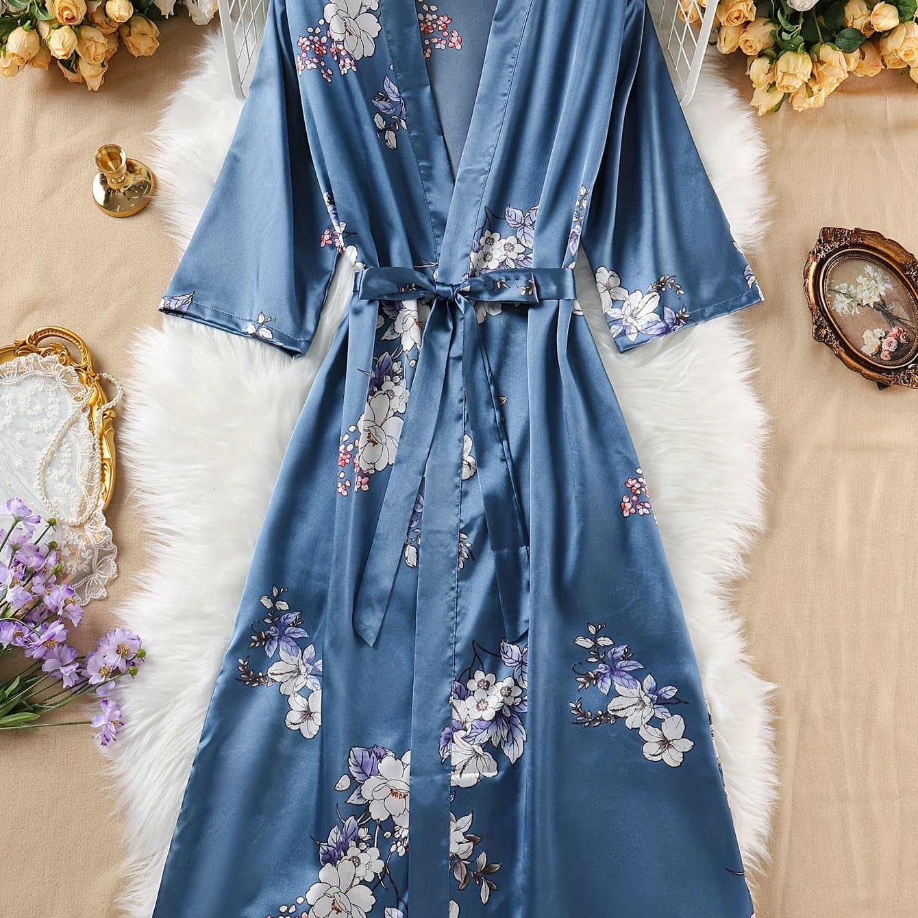 TEMU Ladies' Elegant Floral Print V-neck Robe, Fashionable And Comfortable For