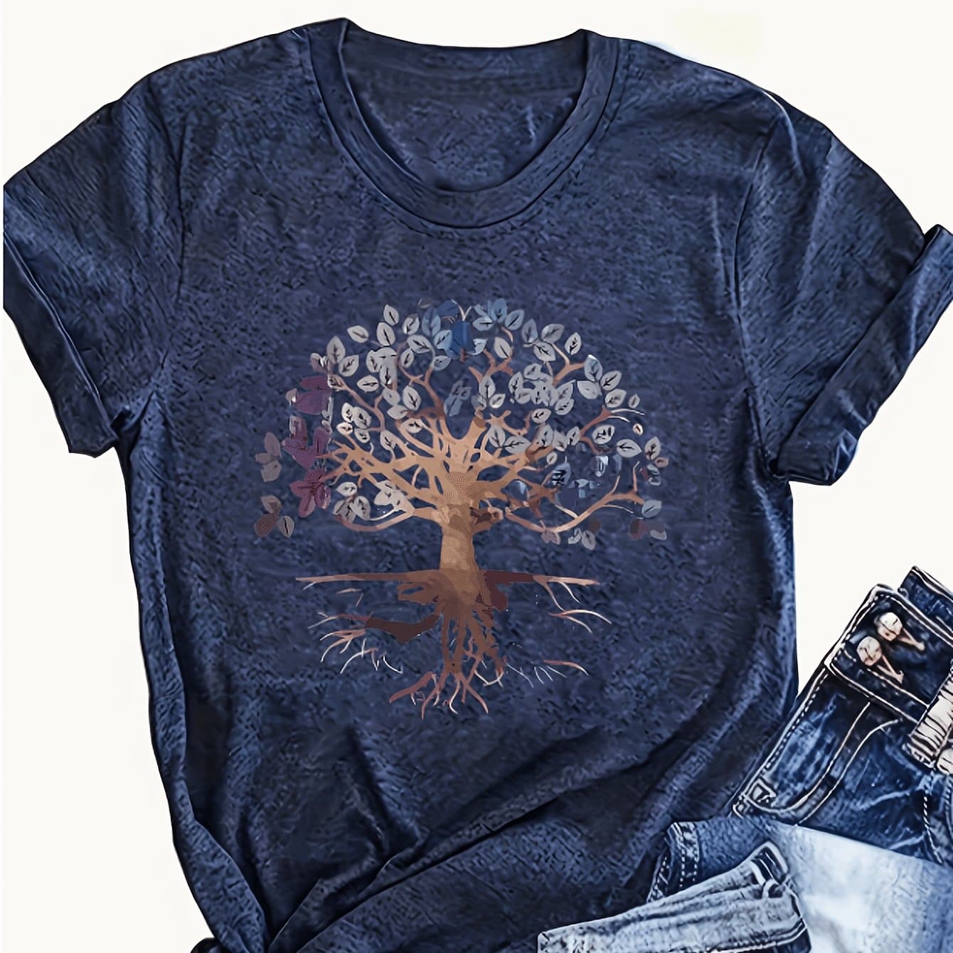TEMU Short-sleeve T-shirt In With Tree Pattern Print. Suitable For Everyday Casual Wear.