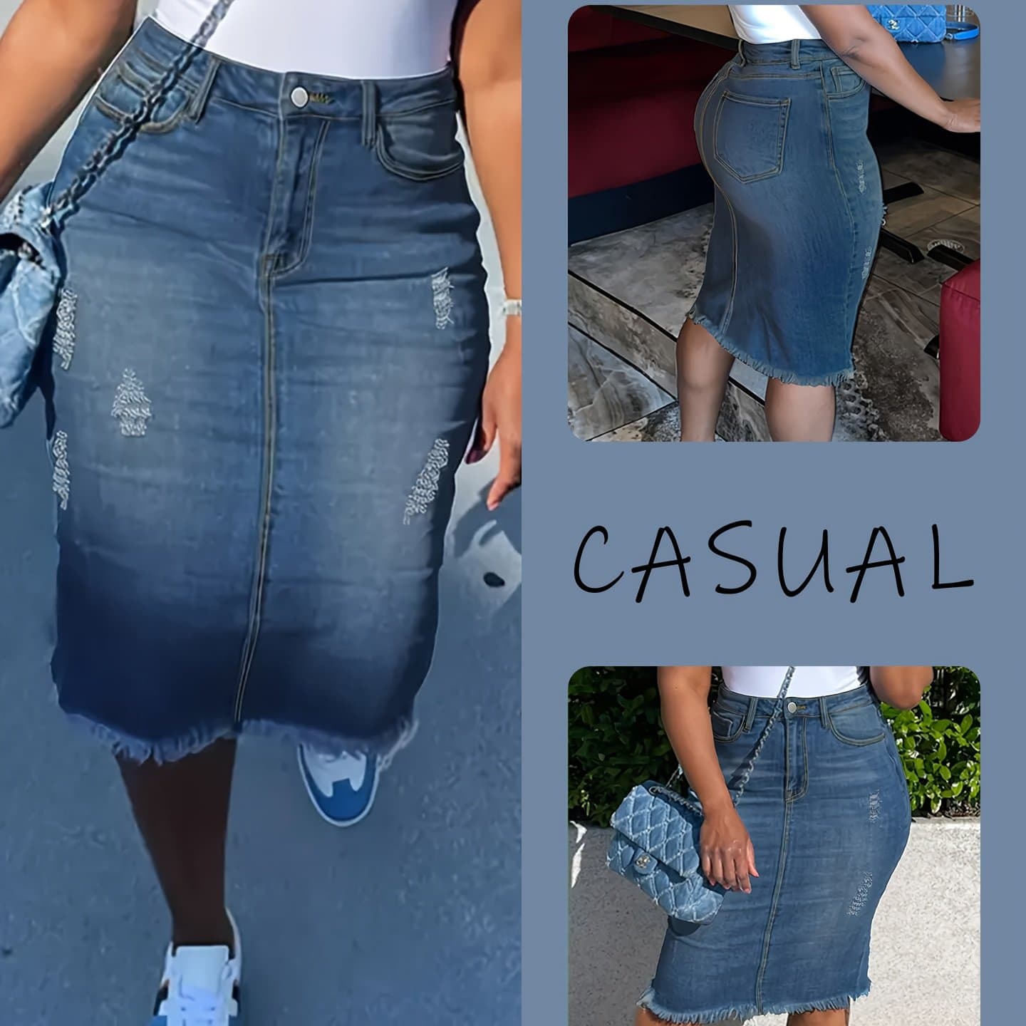 TEMU Vintage High- Midi Skirt With A Hem - Stretchy, Machine Washable, And Perfect For Casual Wear , Summer, And Fall. Features A Distressed Look And Non-transparent Fabric.