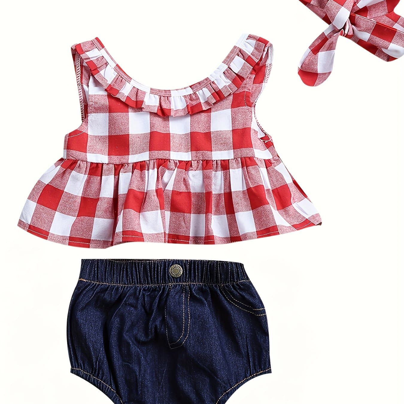 TEMU 3pcs Baby Girls Summer Outfits Red And White Sleeveless Top And Denim Shorts Set With Headband, Perfect For Outdoor