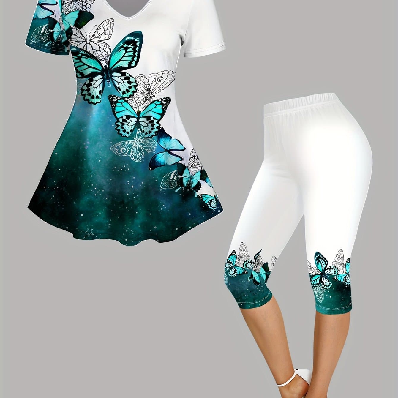 TEMU Women's Casual Fashion Print Two-piece Short Sleeve T-shirt And Tight High Waist Pants Set