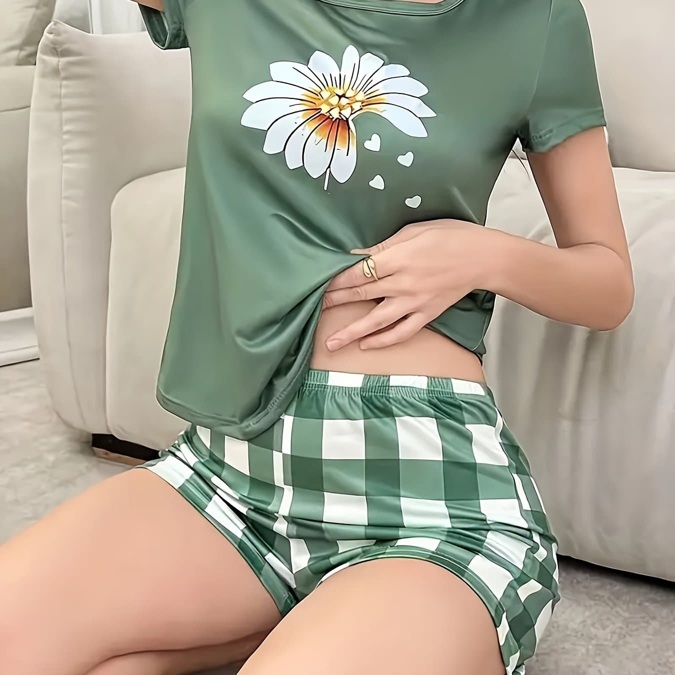 TEMU Women's Pajama Set: Comfortable Round Neck Top With Elastic Waist Shorts - The