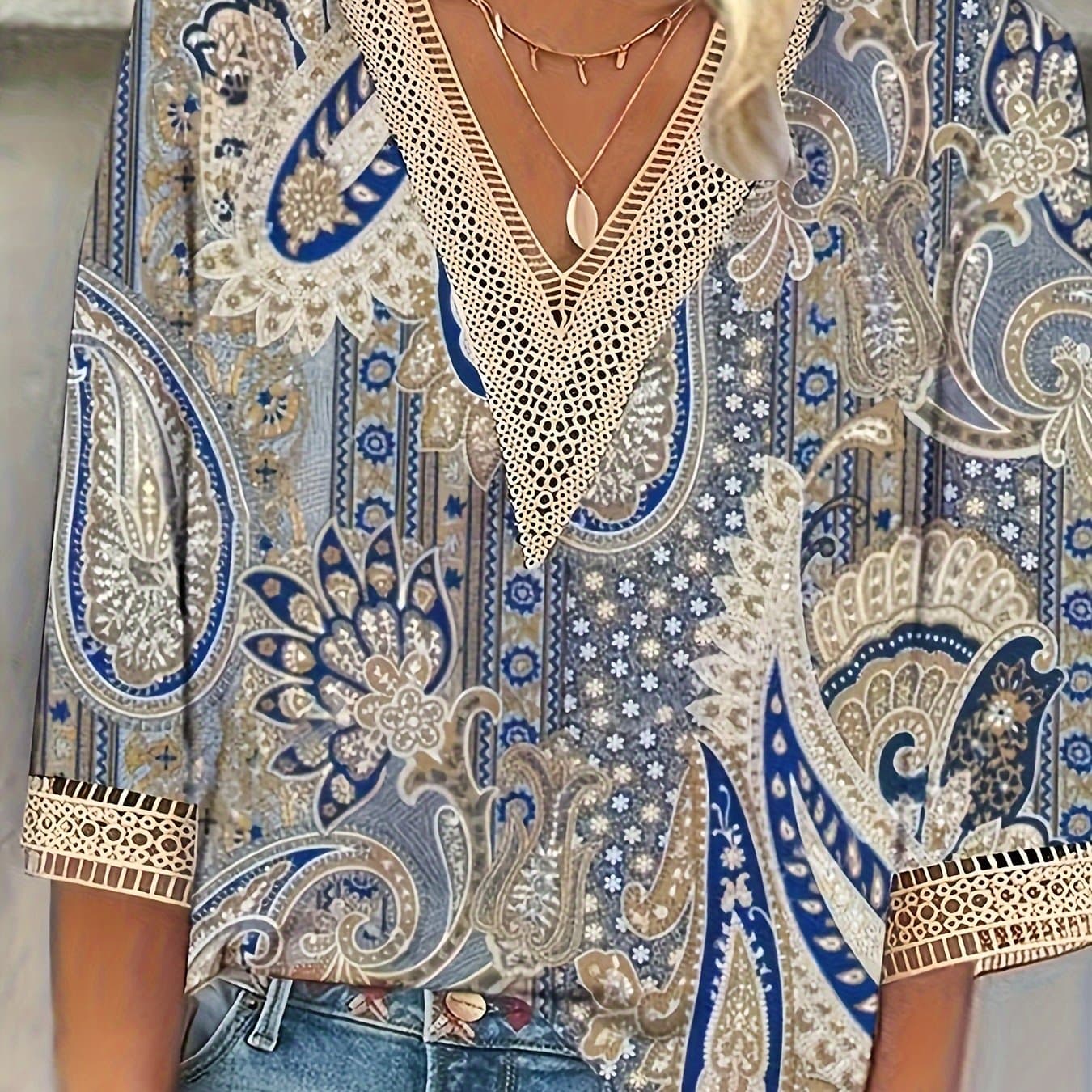 TEMU -neck Lace-trimmed T-shirt, Fashionable Casual Top