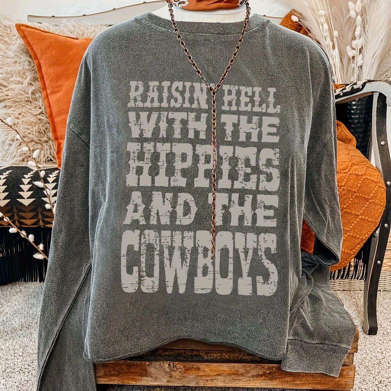 TEMU Cowboy Print Sweatshirt, Crew Neck Casual Sweatshirt For Fall & Spring, Women's Clothing