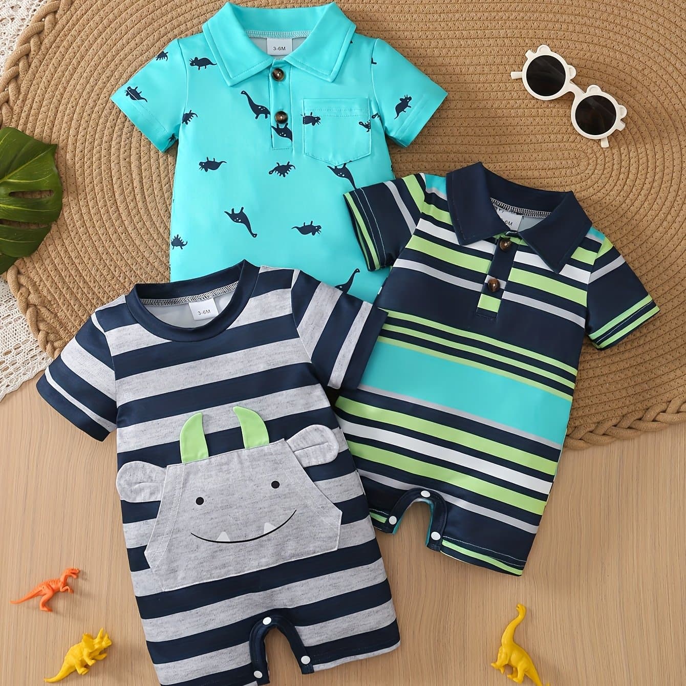 TEMU 3pcs Baby Boy Summer New Cute Casual Collar Cool Striped Jumpsuit 3pcs Set For Boys' Clothes, Perfect For Outdoor