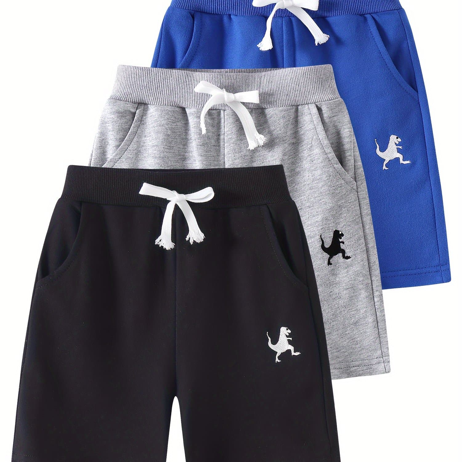 TEMU Set Of 3 Athletic Shorts For Young Boys Featuring Pockets - -on Style With Active Dinosaur Embroidery, Comfortable And Breathable Summer Shorts For Children, For Outdoor