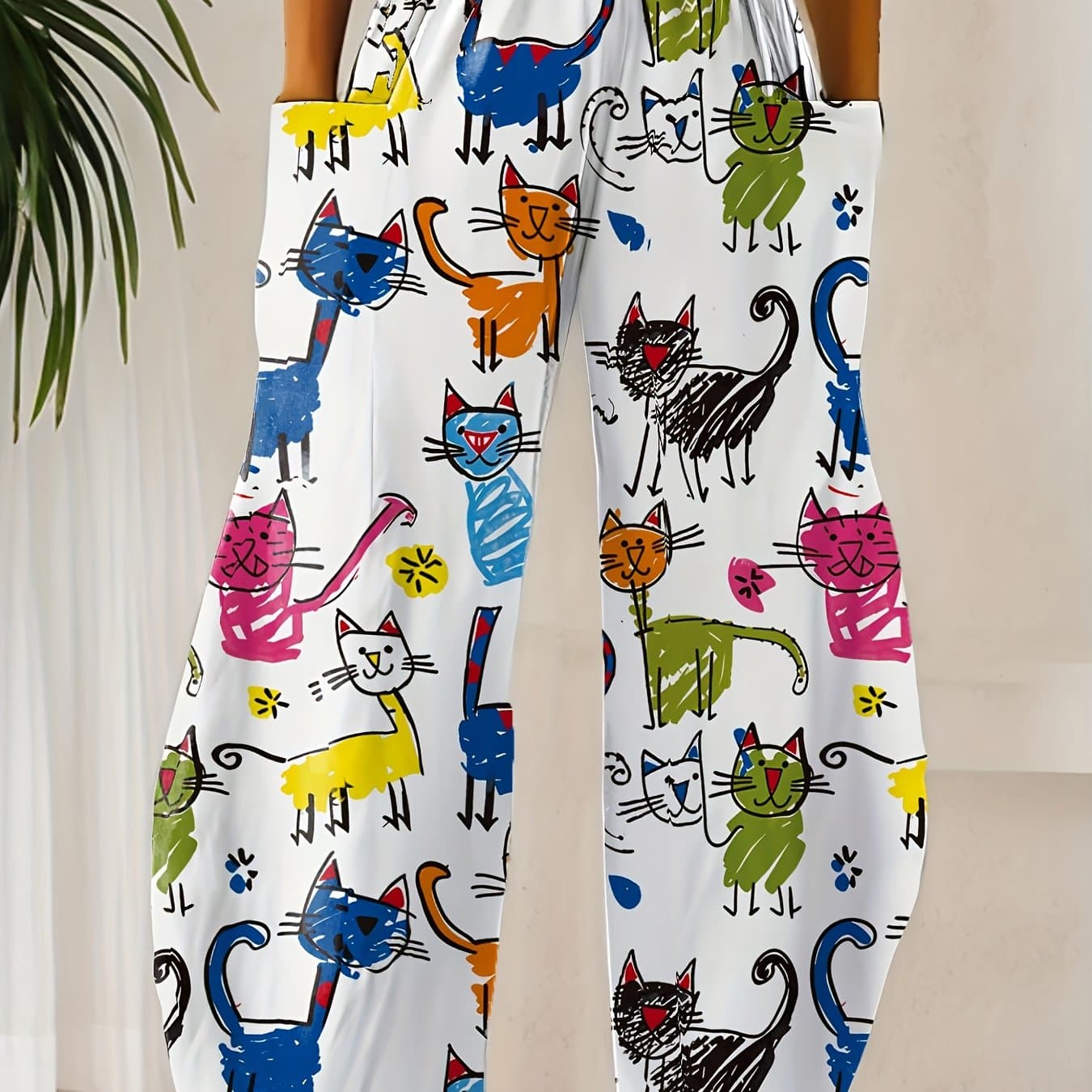 TEMU Women's Colorful Cat Art Wide-leg Pants, Featuring A Casual And Fun High-waisted Design Suitable For Everyday Wear, Perfect For All And Machine Washable