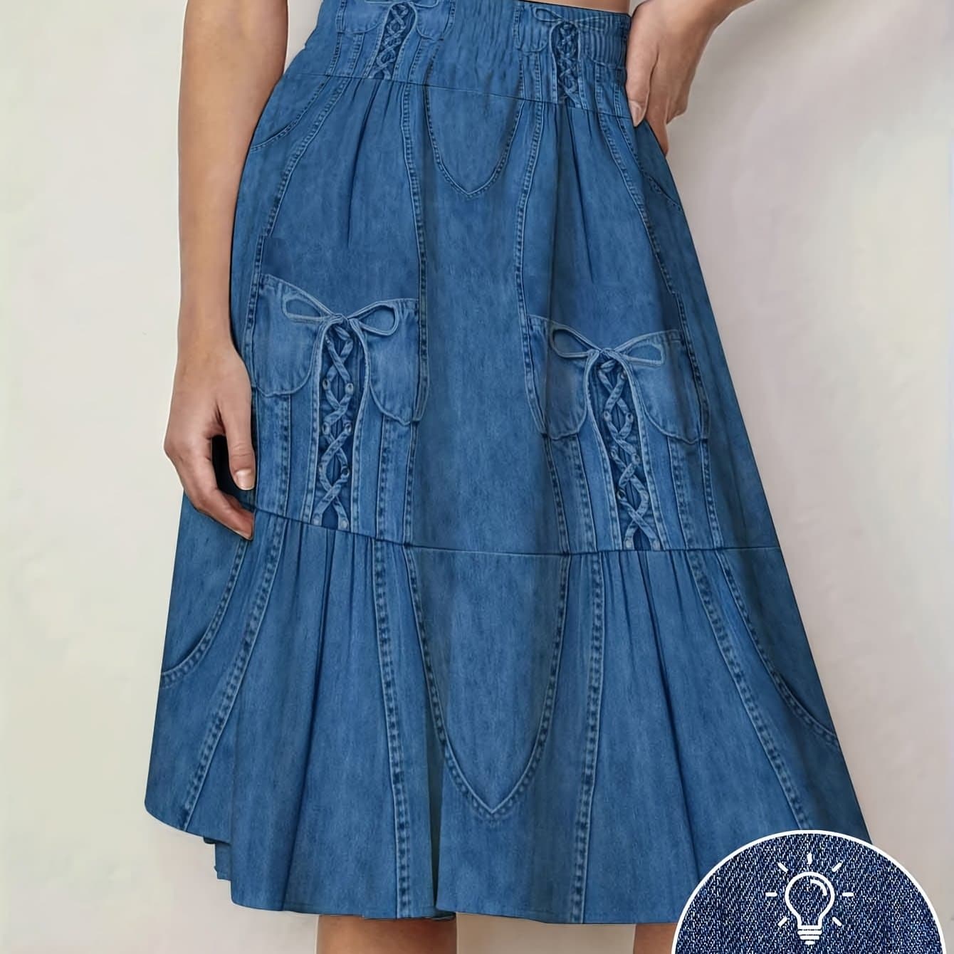 TEMU Printed - Not Denim Fabric Blue Corset Detail Women's Aline Skirt Elastic Waist, Halflength, For Spring And Summer, Wear, Polyester Fabric