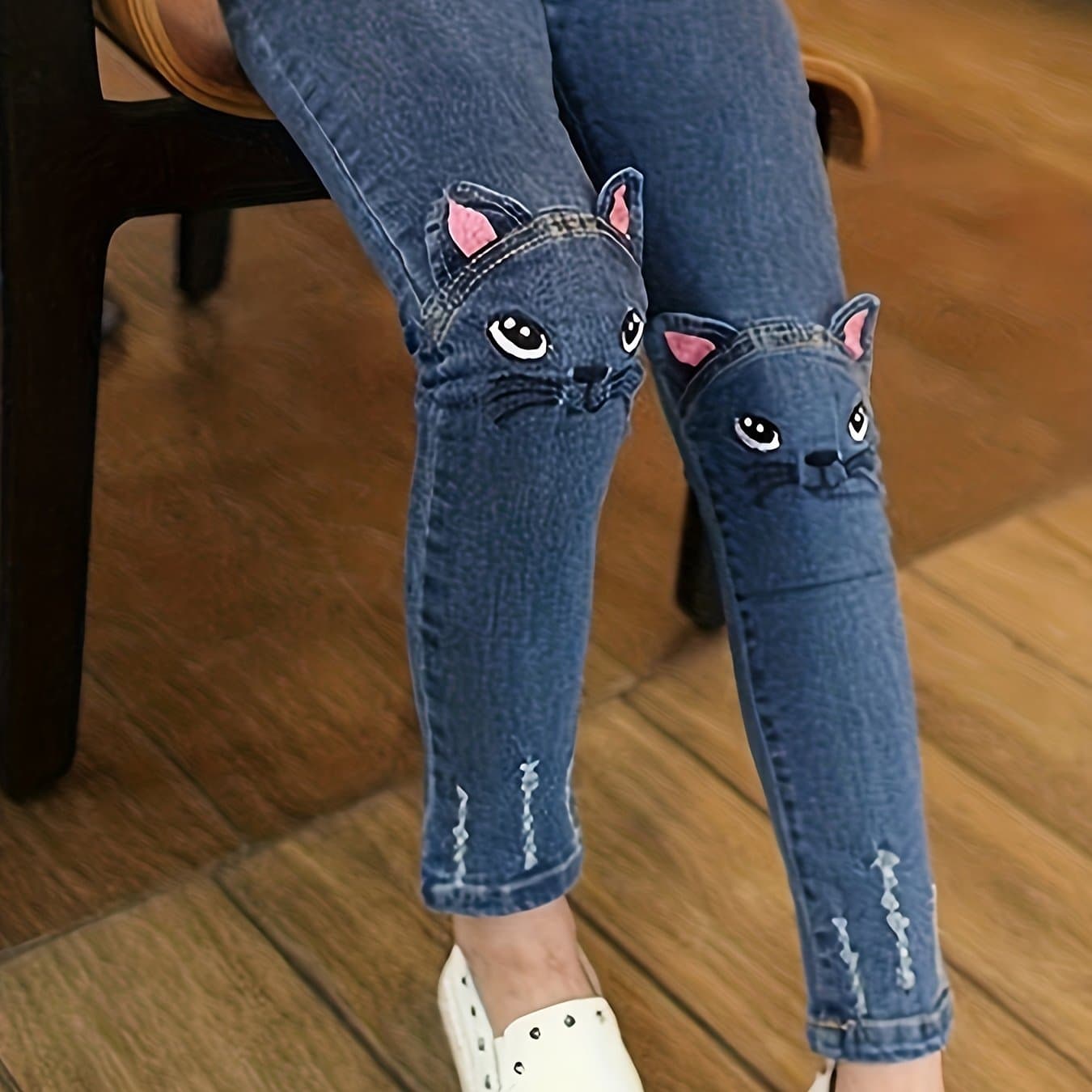 TEMU Skinny Jeans With Cat Ears - 70% Blend Elastic Waistband Casual Trousers For Spring And Fall Play And Everyday Wear | Stylish Fashion | Long-lasting Denim Pants