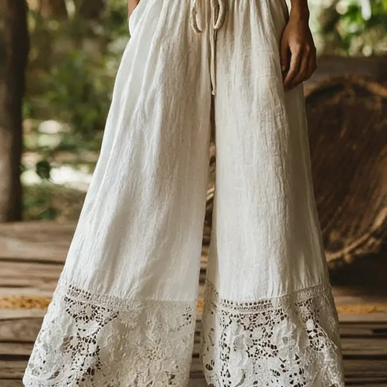 TEMU Drawstring Waist Lace Lace Wide Leg Holiday Pants With Bohemian Atmosphere, Suitable For Beach Vacations, Forest , And Casual Vacations