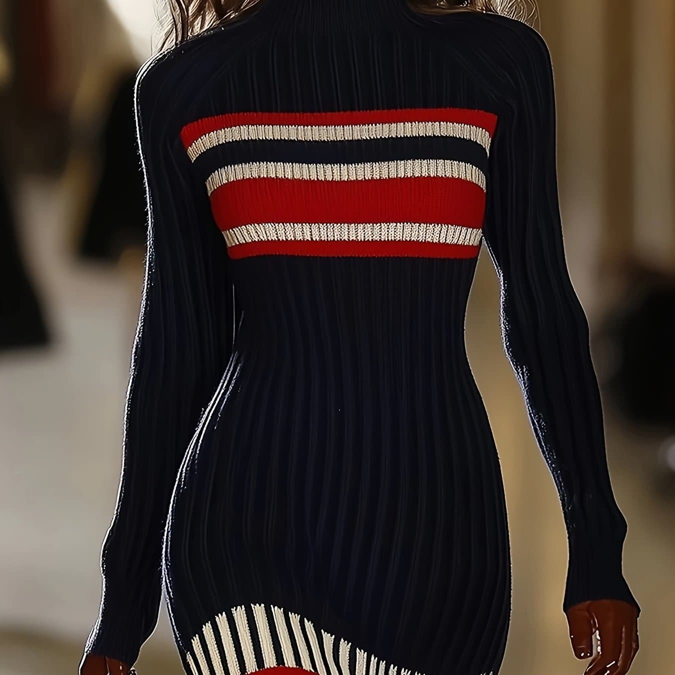 TEMU Women's Striped Turtleneck Long Sleeve Slim Fit Dress
