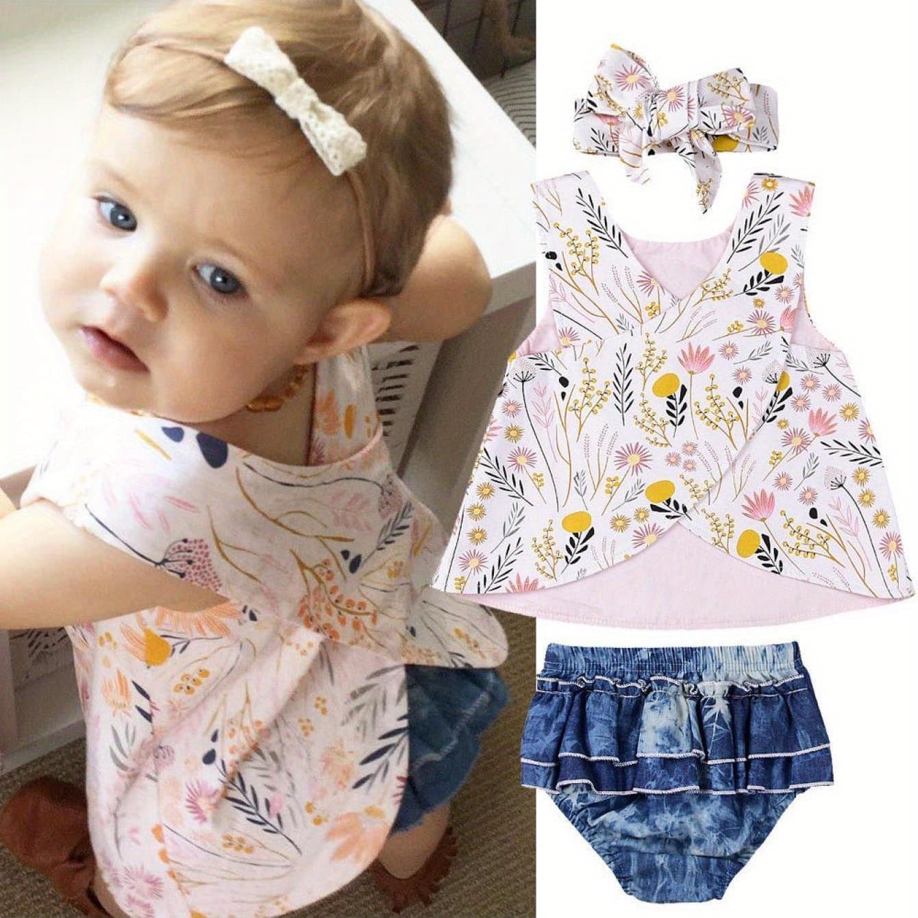 TEMU Summer Clothing Set For Baby Girls Aged 0-3 Years, Featuring A Sleeveless Floral Top With A Crossing Design, Short Gradient Pants, And A Bow Hairband, All In A 3pcs Outfit, For Outdoor