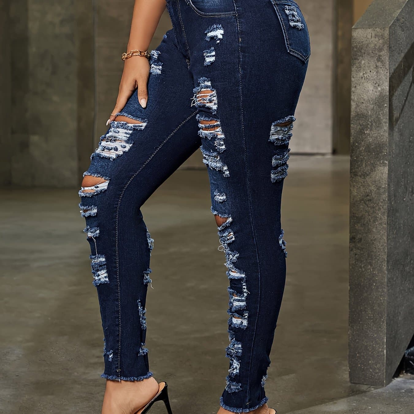 TEMU Women's High-stretch Skinny Jeans With Mid-rise Waist & Distressed Geometric Torn Details - Semi-sheer Denim, Machine Washable, Casual Wear, Low Waisted Jeans, , Semisheer Material