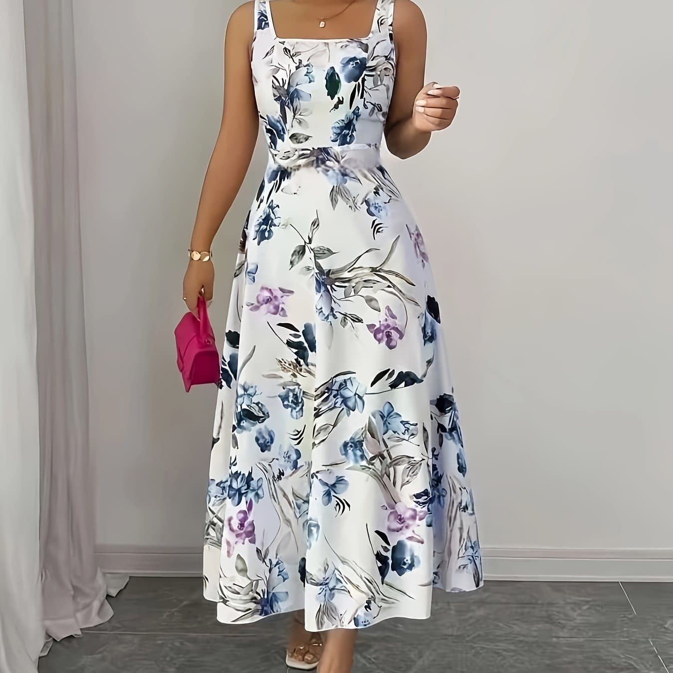 TEMU Elegant Directional Women's Floral Print Sleeveless Square Neck A-line Long Dress, Suitable For Vacation Travel Parties And Daily Wear