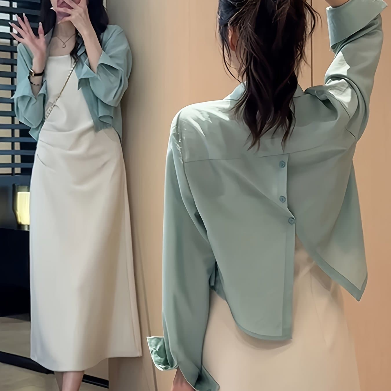 TEMU Women's Elegant Office Casual Wear Collar Back Slit Lightweight Shirt/long Sleeve Blouse, Student Spring Summer Fall Fashion Petite Short Outerwear Top