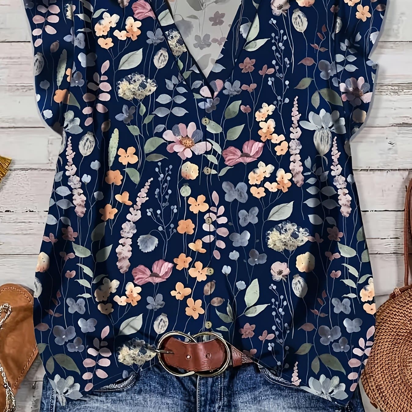 TEMU Floral Pattern Women's Blue V-neck Casual Shirt
