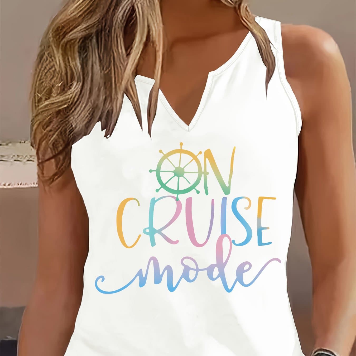 TEMU Fashionable Women's Tank Top With A Printed V-neck Design, Perfect For A Cool And Versatile Spring And