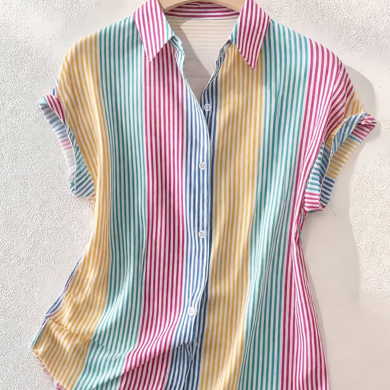 TEMU Elegant Summer Women's Striped Short-sleeve Shirt, Casual Commuter Style Vacation Blouse
