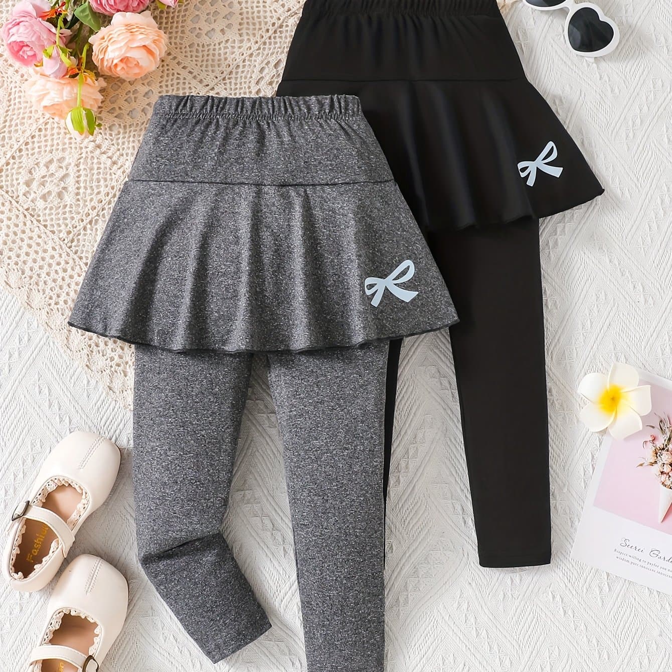TEMU 2pcs Young Girl Casual Elegant Princess Pattern Print Dress And Leggings Set, Suitable For Spring And Autumn Outdoor Wear