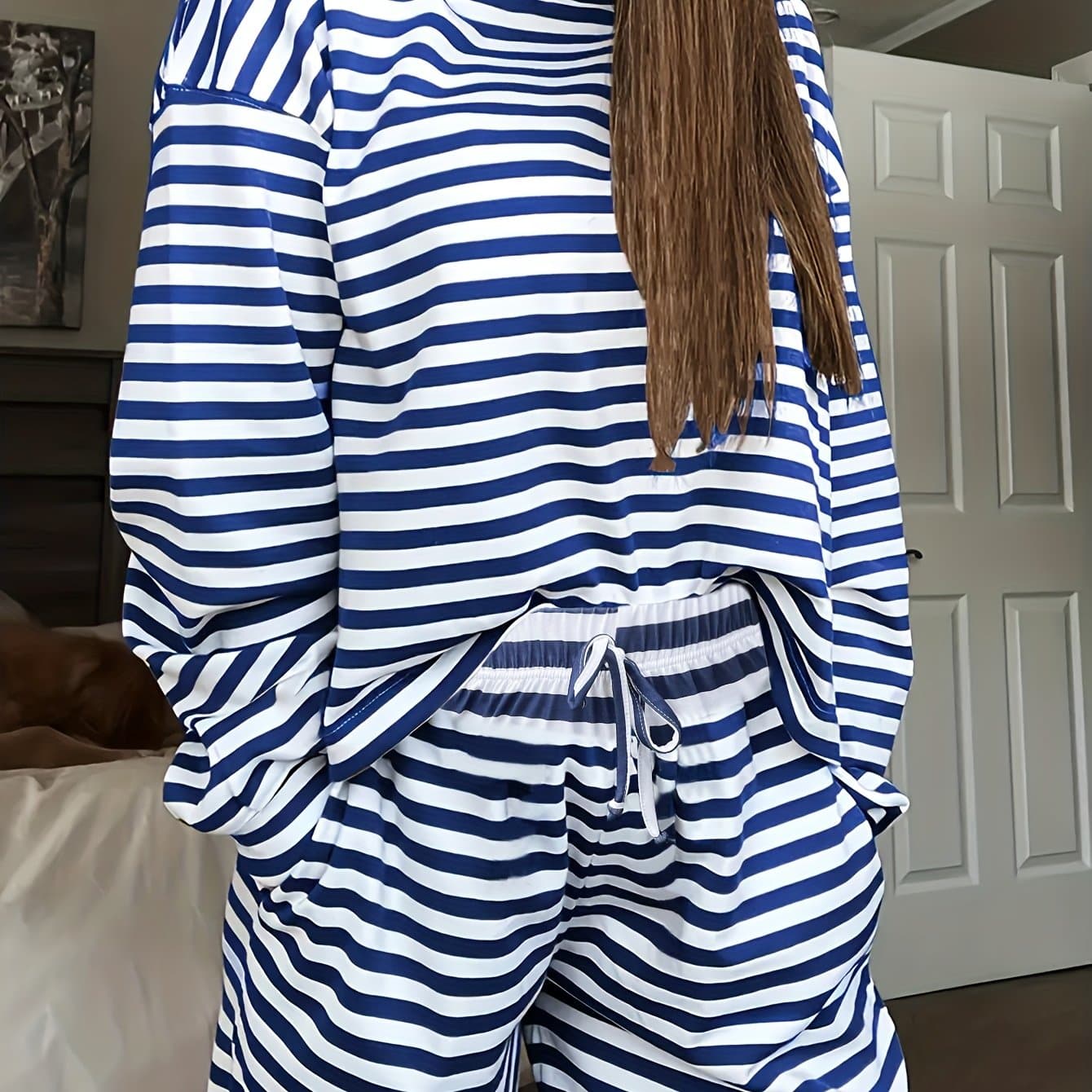 TEMU 2pcs Set Women's Size Autumn Pajamas Fashion Casual Striped Print Long Sleeve Long Pants Outwear Set