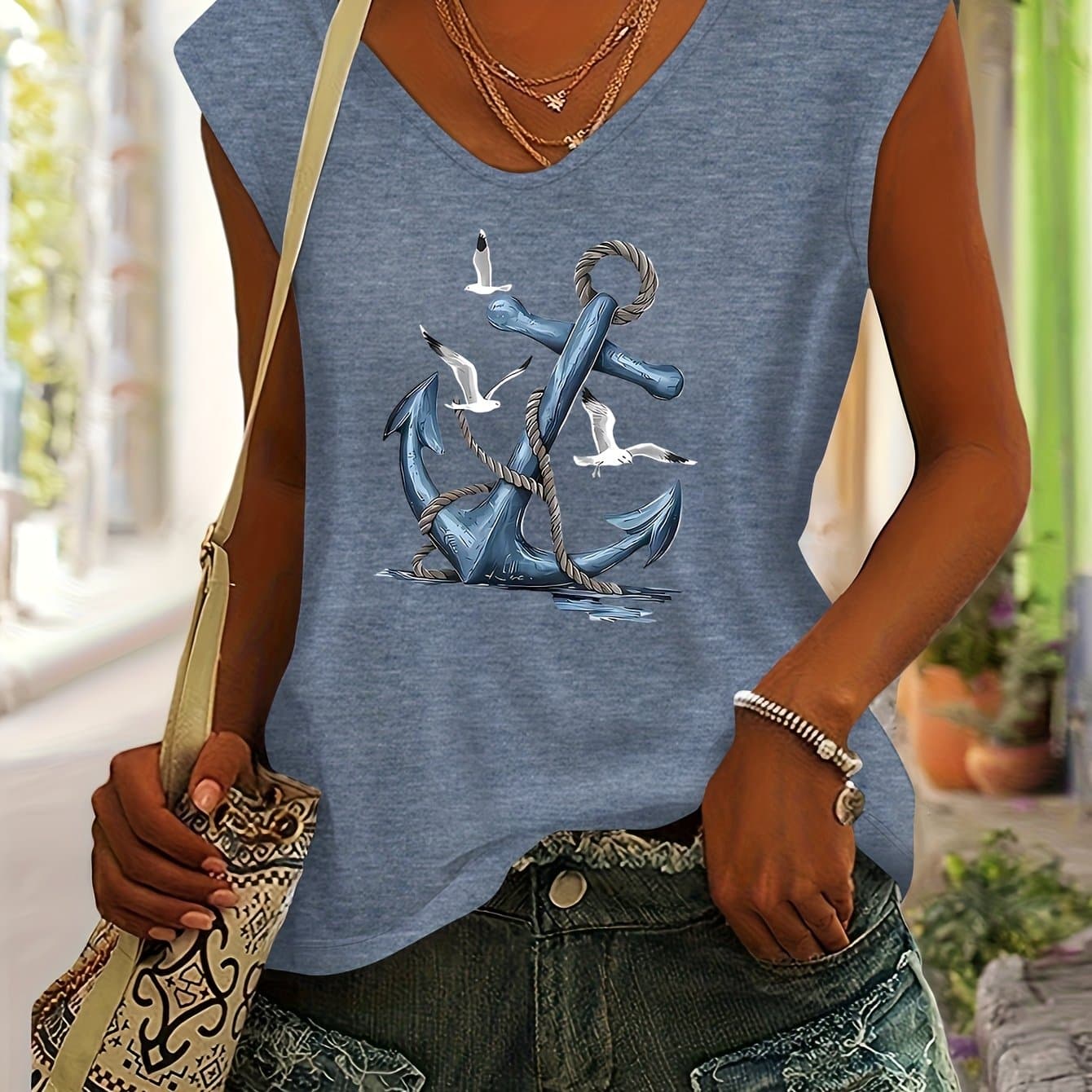 TEMU Seagull Ocean Sailor Pattern Print European And Women's Spring Summer Casual Easy Versatile Vacation Color V-neck Raglan Short Sleeve T-shirt