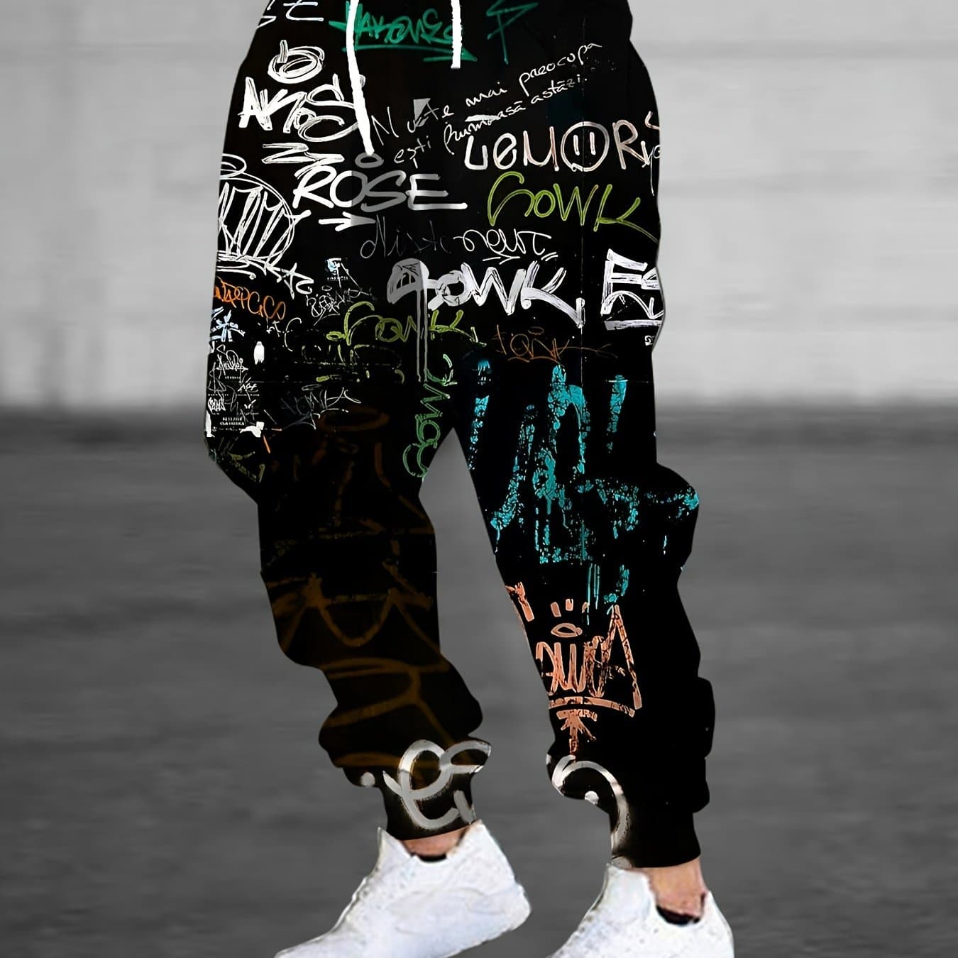 TEMU Men's 3d Print Athletic Pants With Drawstring And Pockets, Trendy Long Trousers