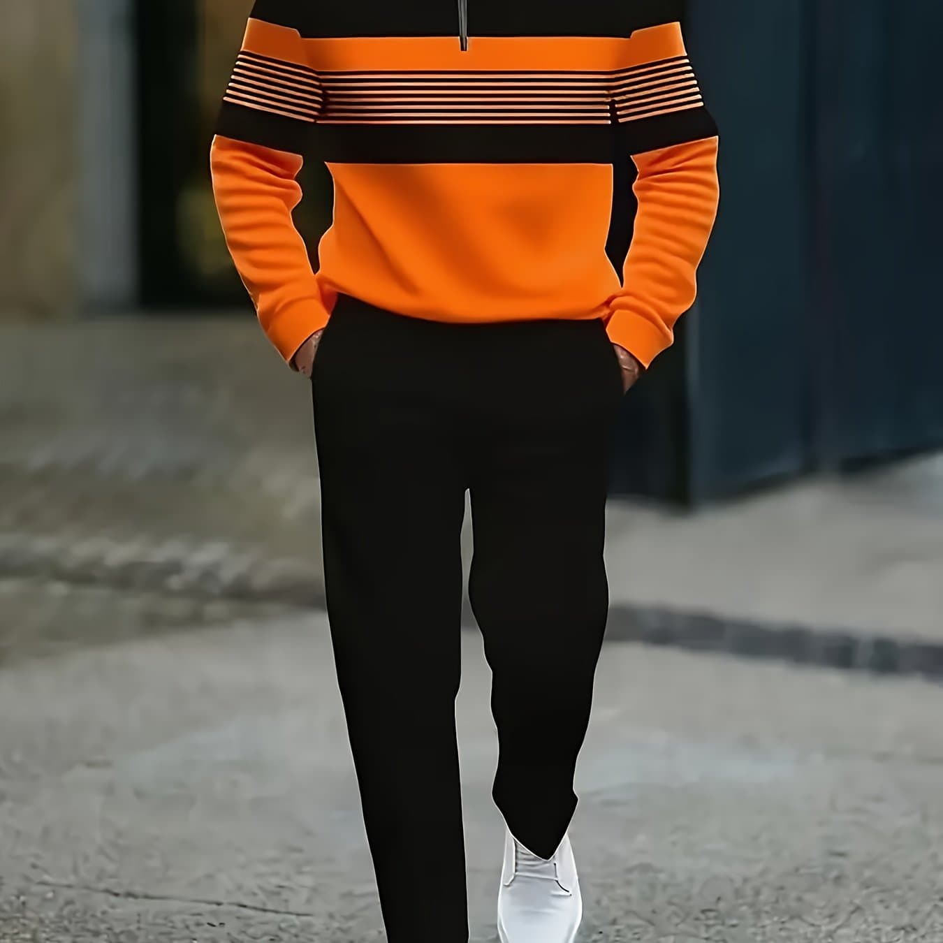 TEMU 2025 Autumn Red Striped Men's Casual Sports Suit, Fashionable And Men's Half Zipper Small Stand Collar Long Sleeve And Sports Casual Comfortable Trousers, Suitable For Daily Life, Sports And Work