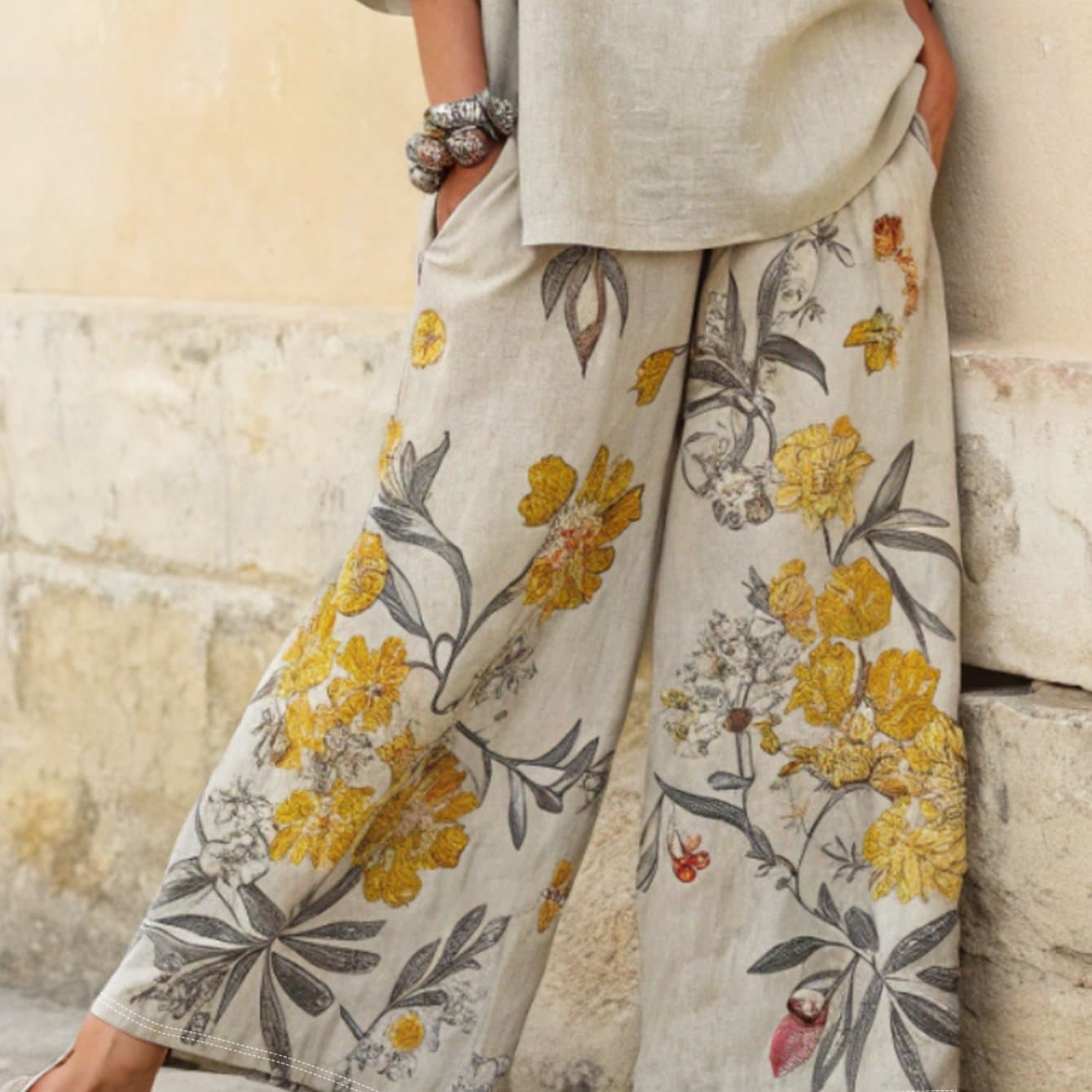 TEMU Women's Wide-leg Trousers With Floral Print - Vintage Elegant Loose Pants For Fall/winter, Comfortable Casual Winter Pants, Wide Leg Of Pants For & Style (machine Washable)