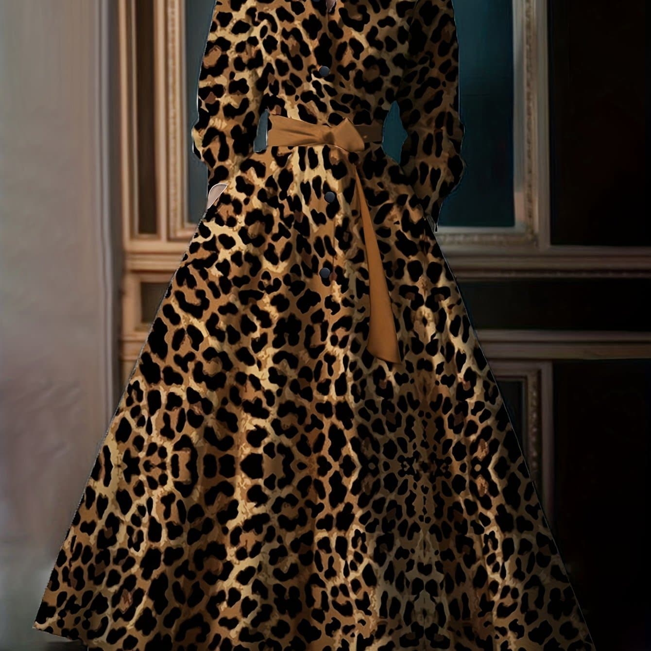 TEMU Maxi Dress With Leopard Print, Stand Collar, Long Sleeves, And Pockets.
