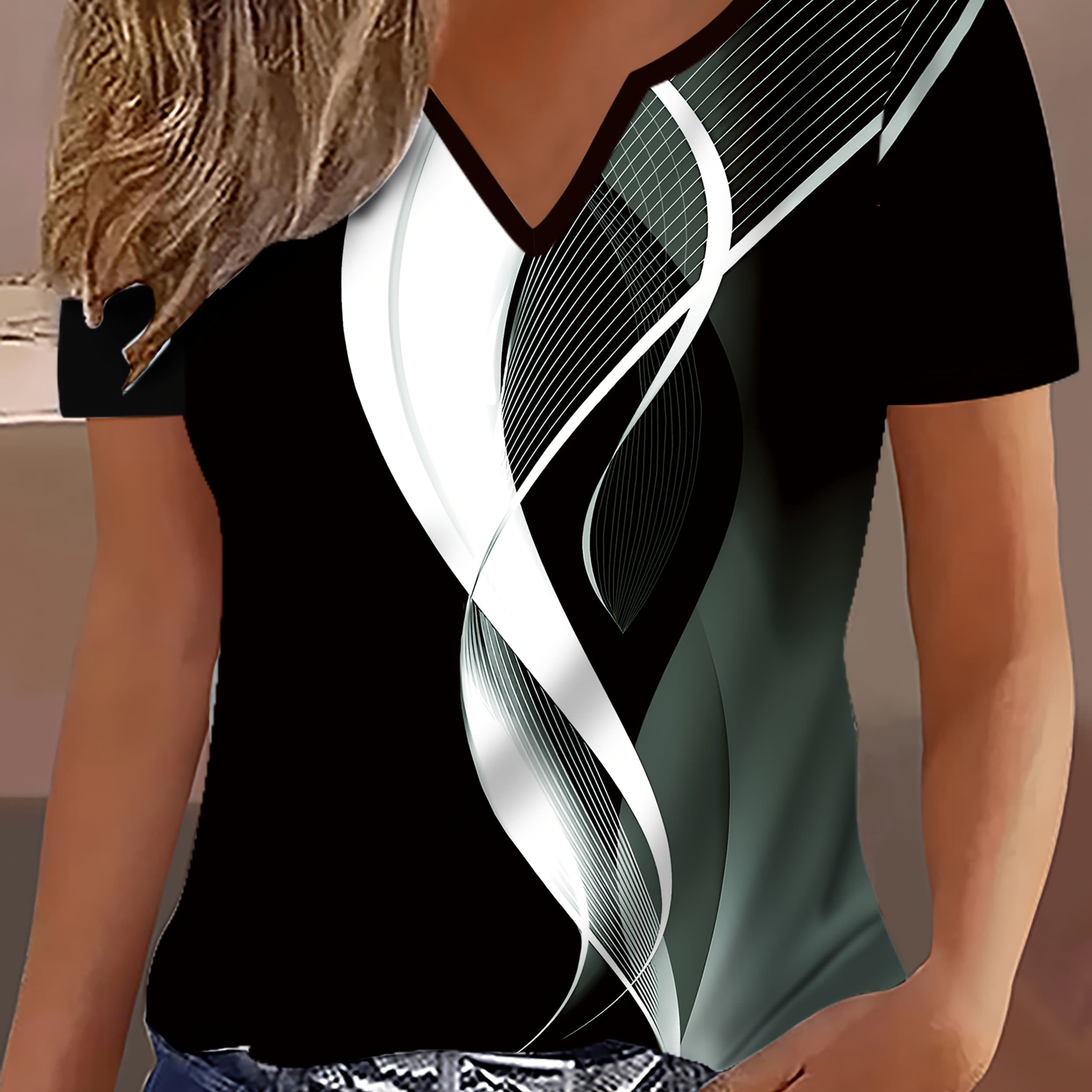 TEMU Elegant Directional Women's V-neck Short Sleeve Printed T-shirt Women's Elegant Trendy All- Top