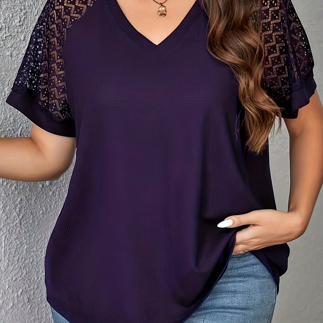 TEMU Plus Size - Plus Size - Plus Size Spring/summer New Elegant Lace T-shirt Women's Casual Short Sleeve
