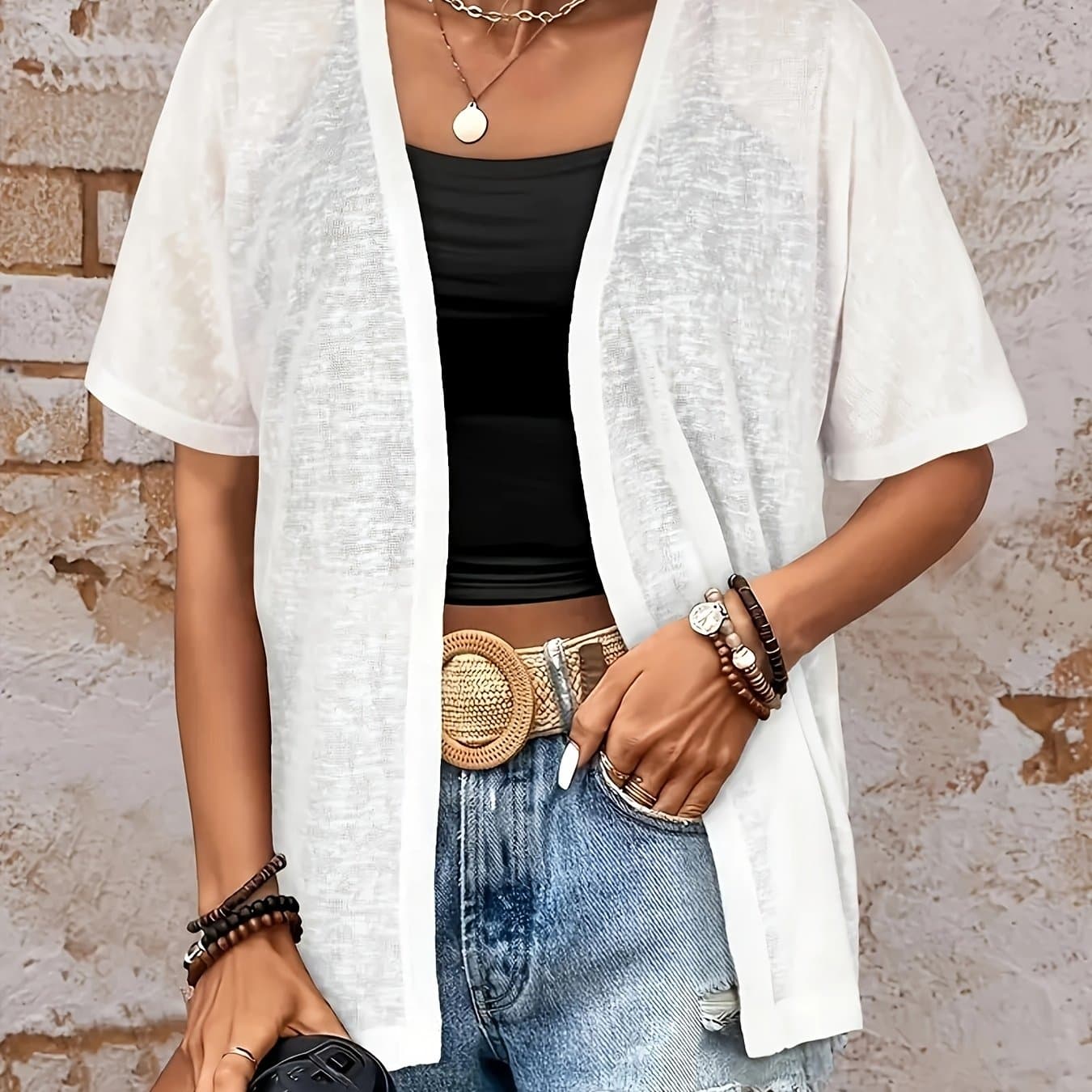 TEMU Plus Size, Casual Semi-sheer Open-front Short-sleeve Cardigan