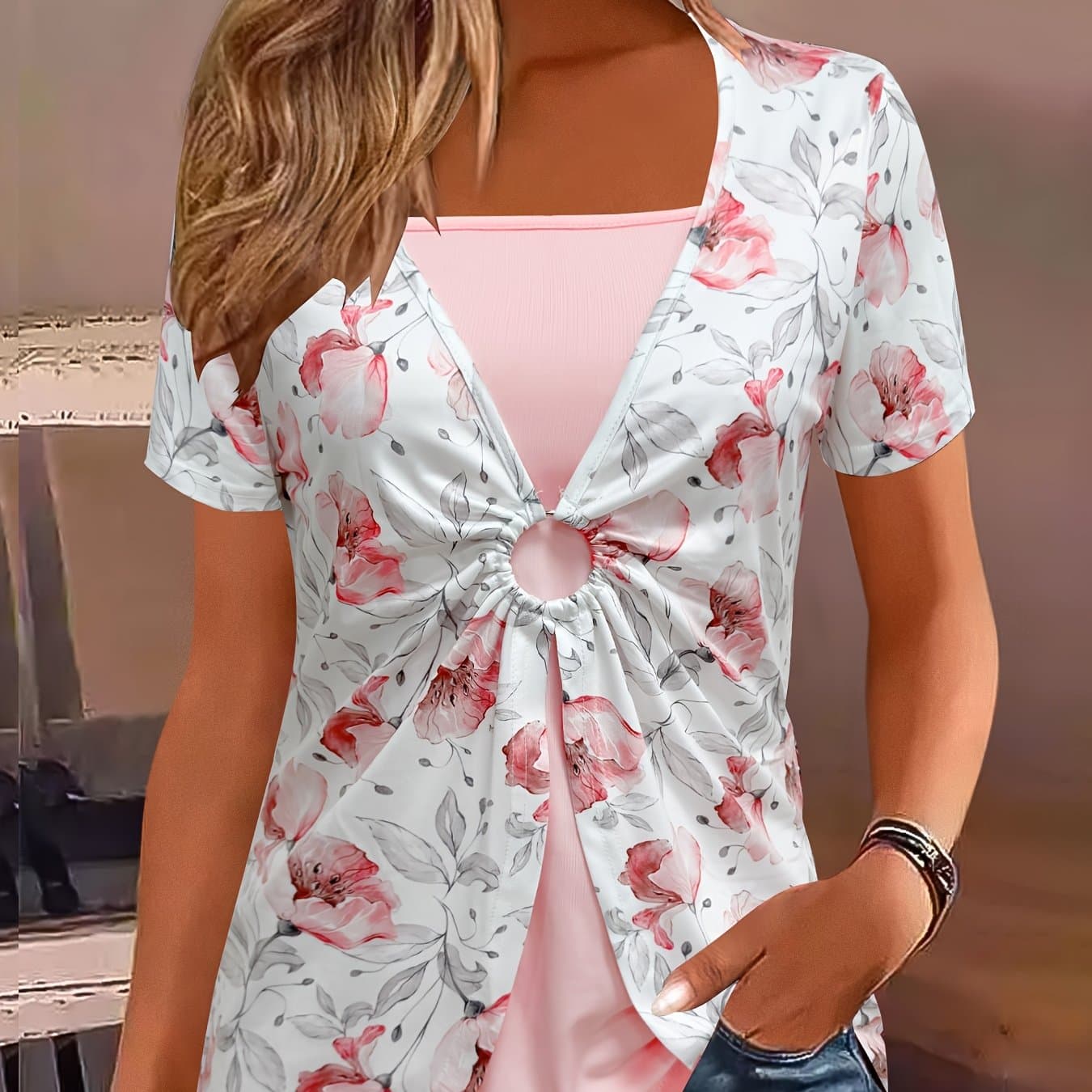 TEMU Targeted Development Summer Square Collar Ring Print Short Sleeve Design Sense Fake Two-piece Fashion Elegant Temperament Women's T-shirt Top