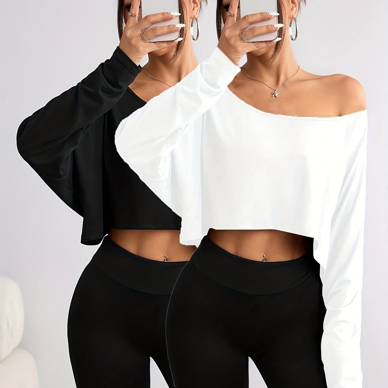TEMU -2pcs Casual Solid Off-the-shoulder Batwing Cut T-shirts