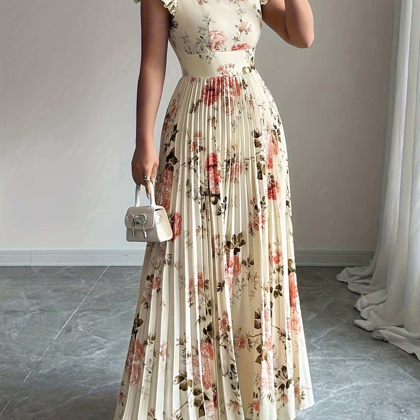 TEMU Women's Elegant Floral Print Pleated Hem Long Dress, Summer thumbnail 2