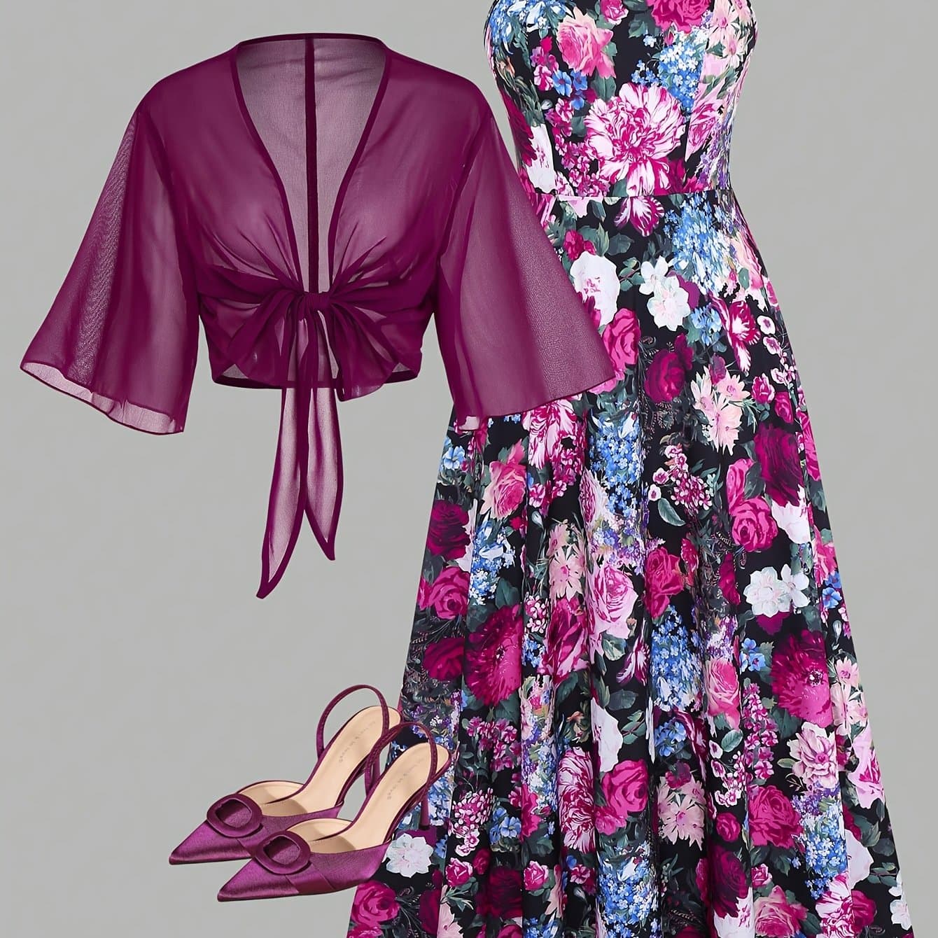 TEMU Plus Size - Plus Size - Plus Size Women's Clothing Set Camisole Floral Print Dress And Outer Wear Chiffon Cover 2pcs Set Spring Summer Outer Wear
