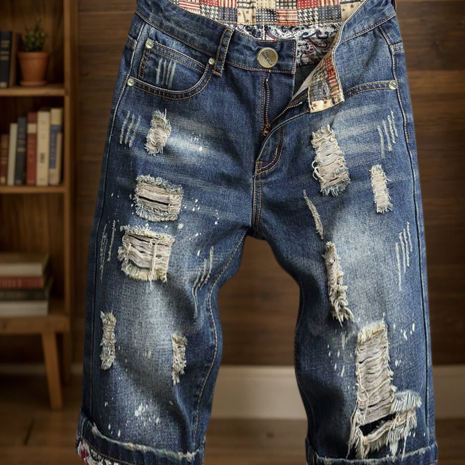 TEMU A Trendy And Popular Men's High- Street Style Shorts, Five- Point Length, Hobo- Style Ripped, Plus- Size, Straight- Leg Pants Outerwear From A Trendy