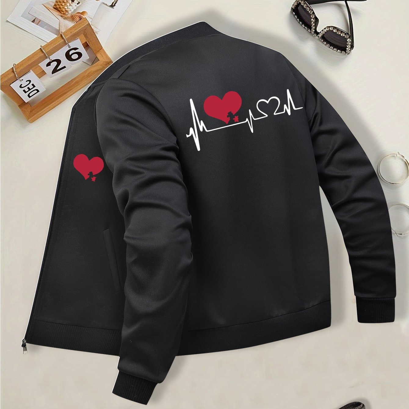 TEMU Rhythmic Ecg Print, Heart Pattern, Women's Casual Jacket With A Stand Collar, Zipper, And Long Sleeves For Spring, Autumn, And Winter.