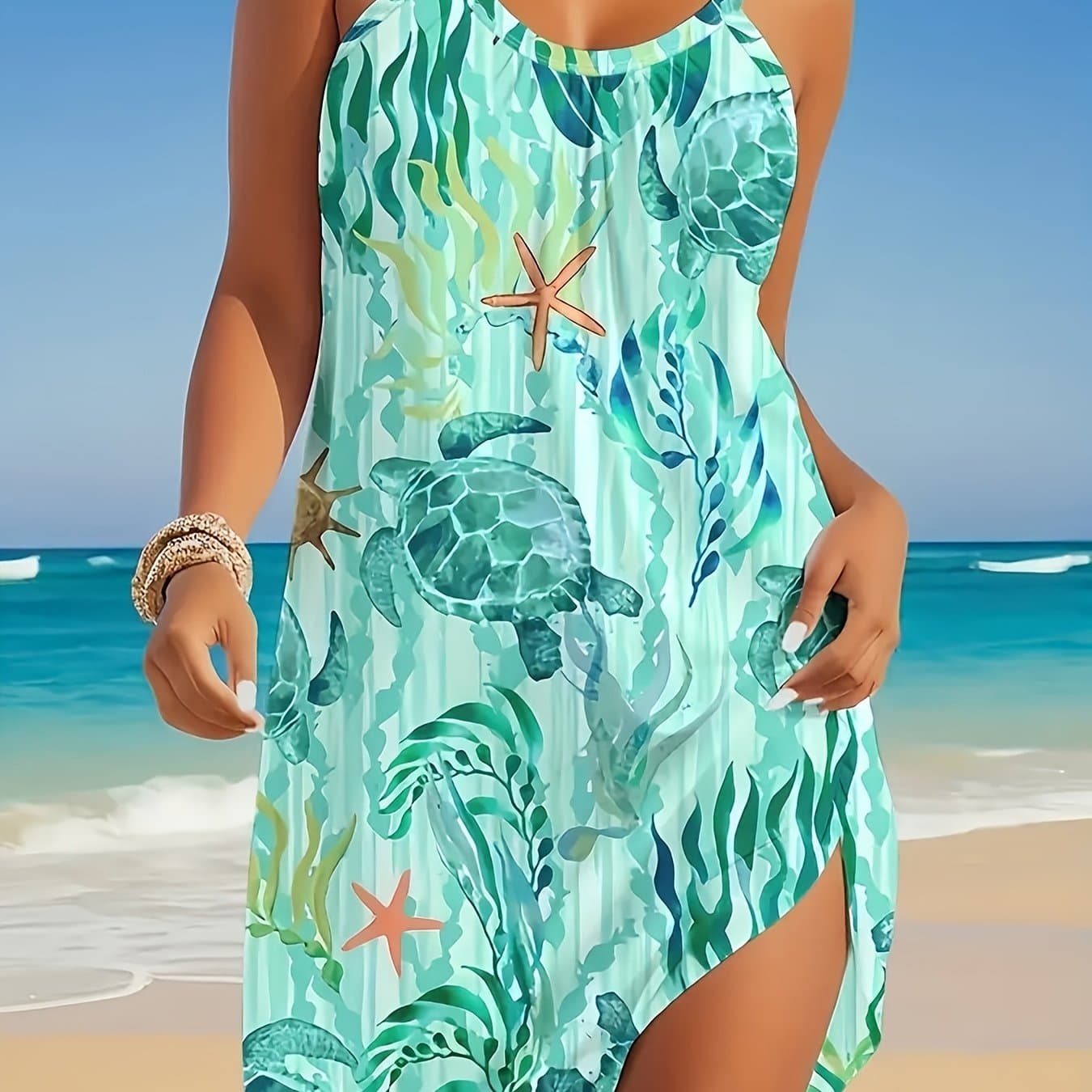 TEMU Plus Size - Plus Size - Didi Directional Women's Round Neck Printed Suspender Dress