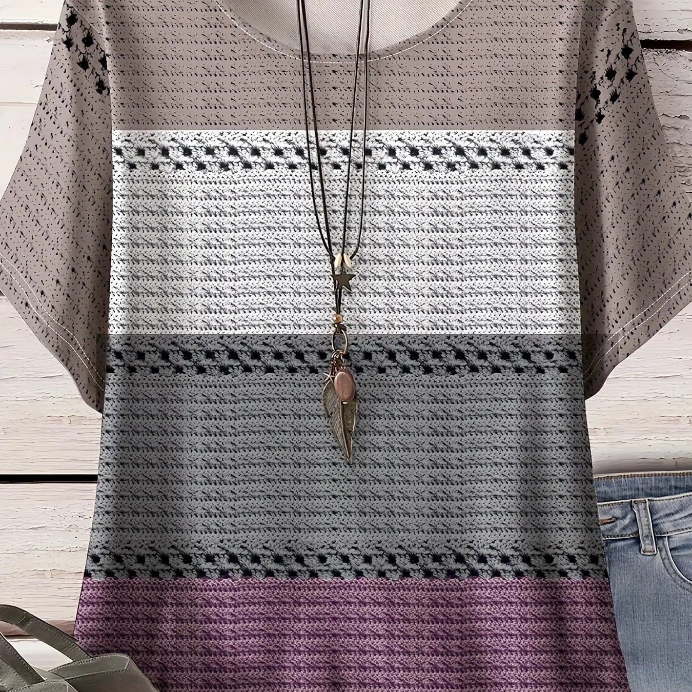TEMU Plus Size Women's Color-block Textured Printed Short-sleeve Round Neck Casual T-shirt (additions Not Included)