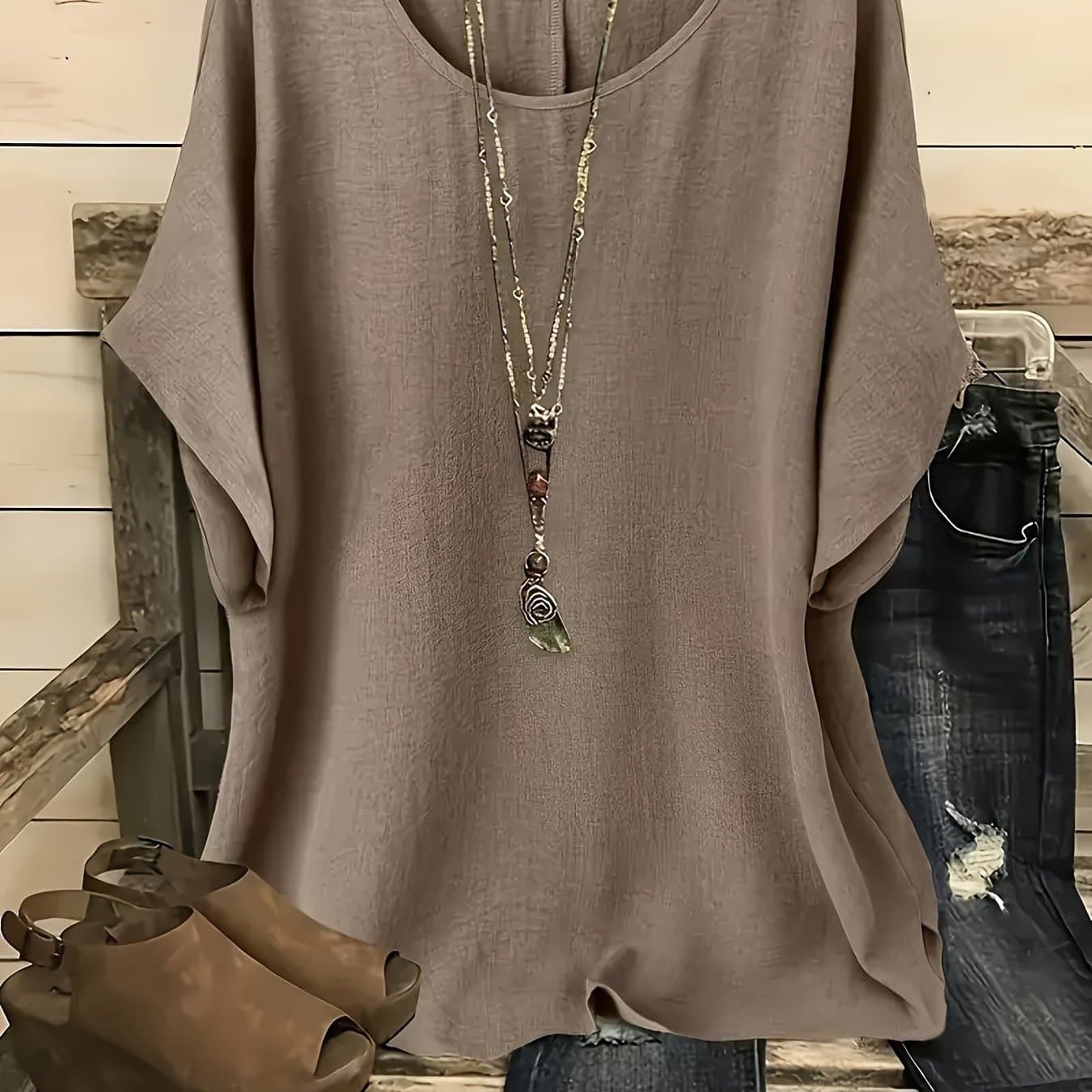 TEMU Women's Batwing Short Sleeve Round Neck Blouse - Elegant Solid Color Non-sheer Top, Spring Summer Fall Machine Washable Lightweight, Versatile For Casual And Formal Outfits, Flowy Cut. Full Drape