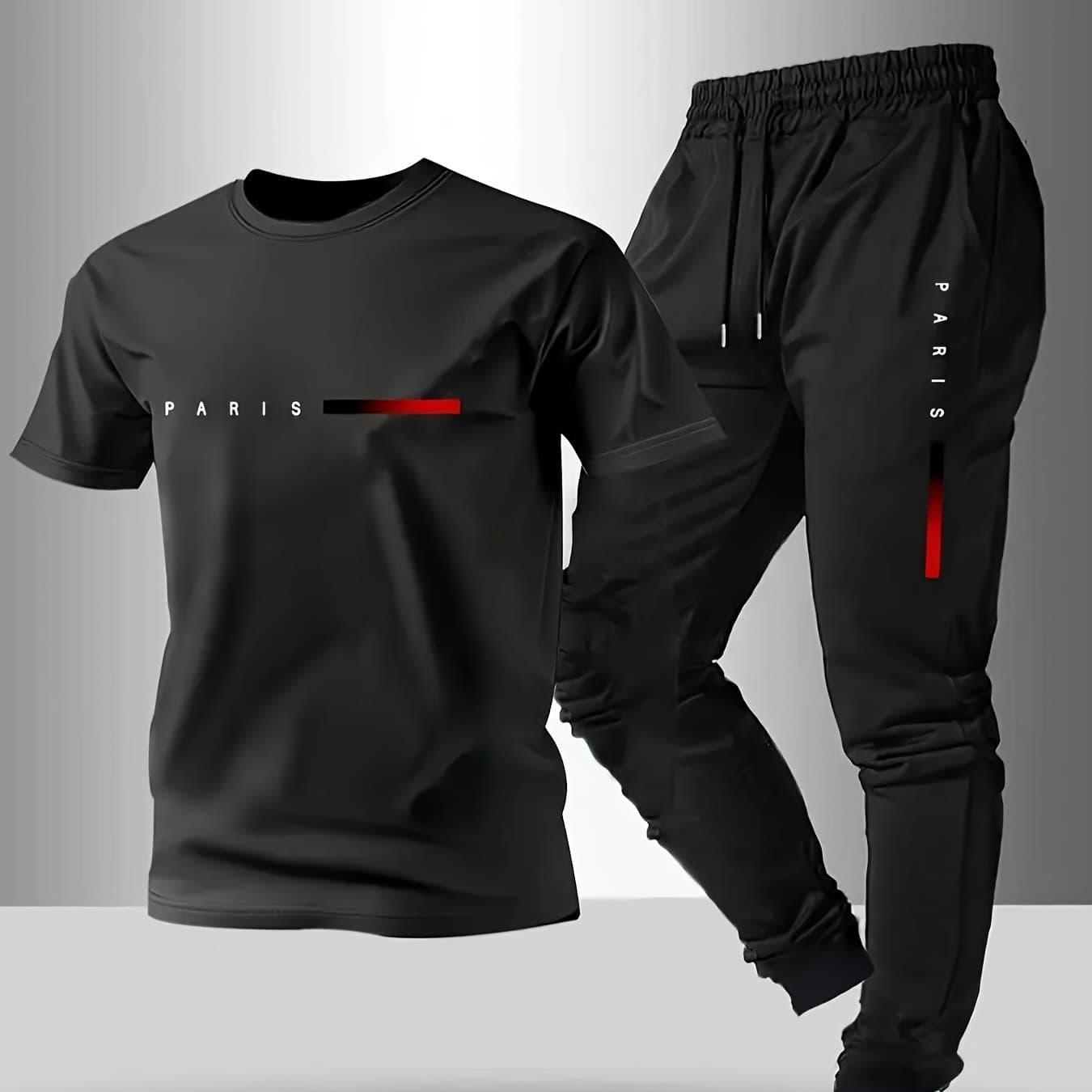 TEMU Men's Short-sleeve T-shirt And Pants Set, Spring And Summer Paris Letter Print Round Neck T-shirt + Drawstring Outdoor Casual Sports Long Pants Set