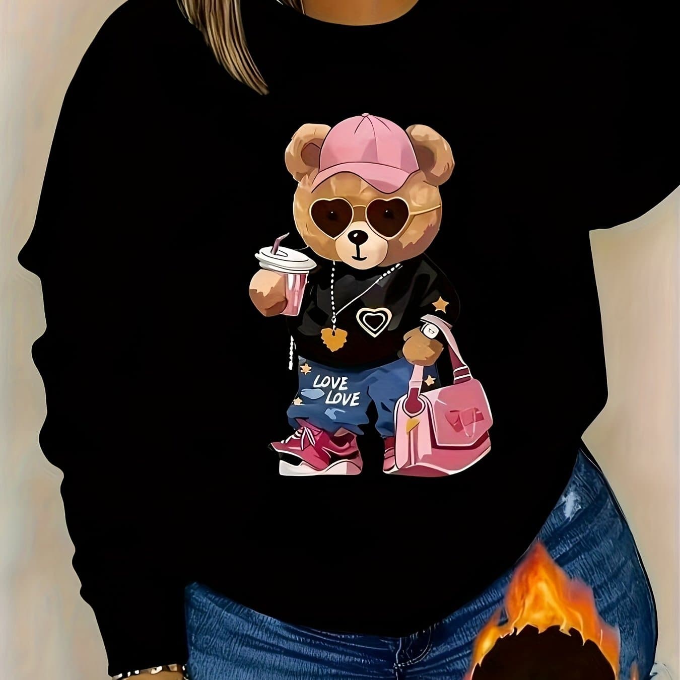 TEMU 1pc Women's Casual Crew Neck Sweater, Long Sleeve Pullover For Autumn/ Winter, Grey Sweatshir, Ink Bear Print