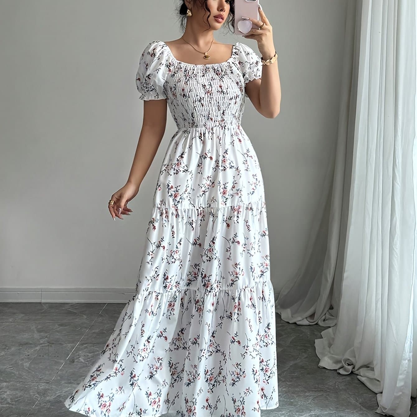 TEMU Elegant Floral A-line Dress For Women - Short Sleeve, Shoulder Detail, Tiered Ruffle Hem, Square Neck, Spring/summer Collection, White With , Polyester Fabric, Adult Size, Floral Dress