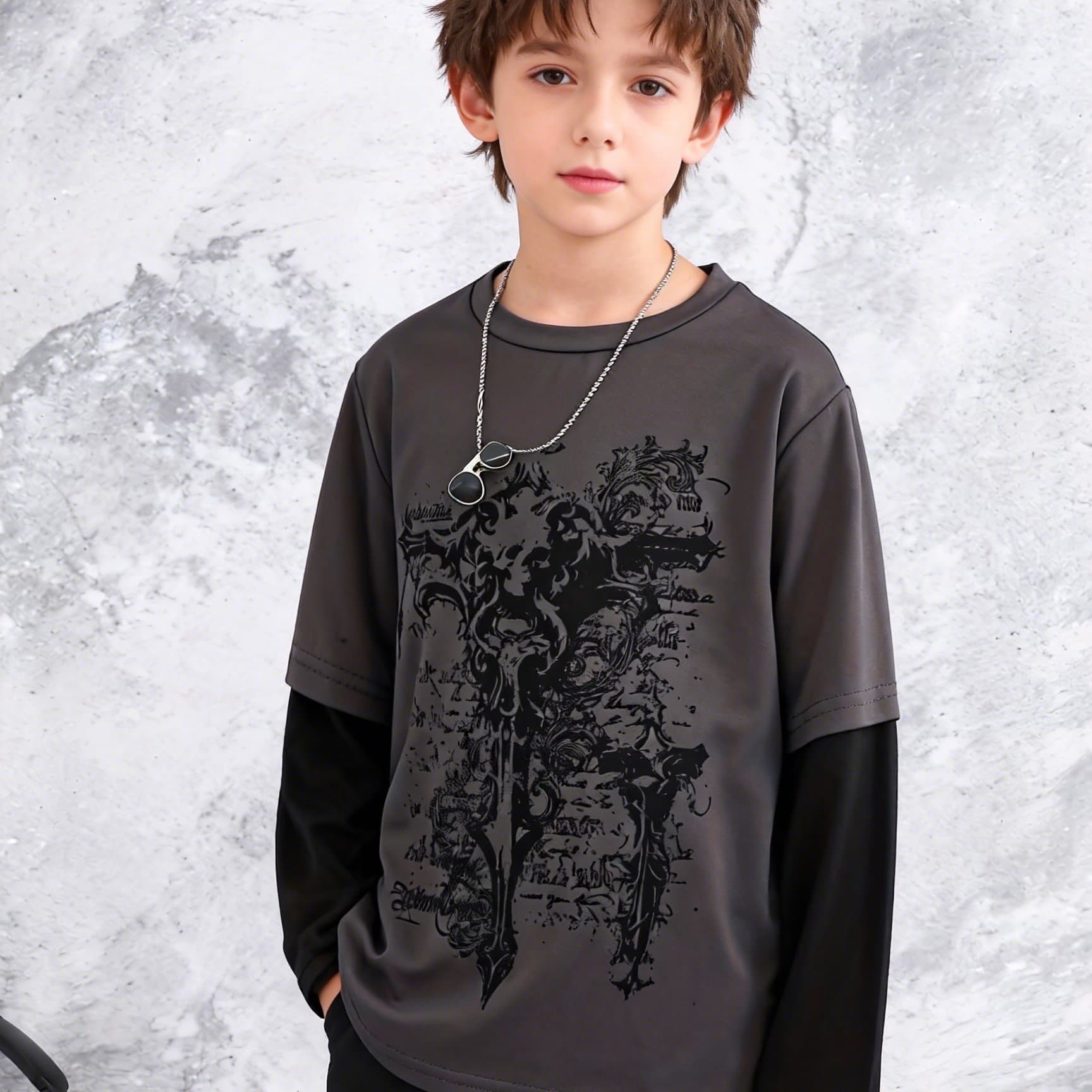 TEMU Boys' /autumn Graffiti Print Trendy Versatile Long Sleeve Top