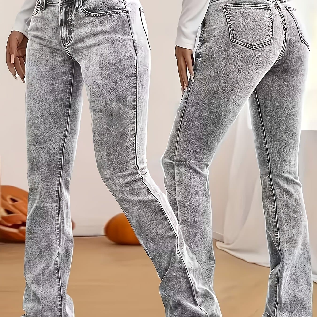 TEMU 1pc Fashionable Slim-fit Stretchy Flared Pants 8150 , Medium Stretch Fabric, Washed Solid Color, Long Length, Low Waist, Button Fly Closure, Suitable For Weekend Casual