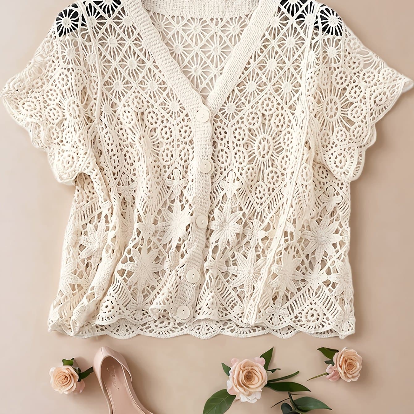 TEMU Bohemian Ethnic Style Casual Sweet Short-sleeved Hollow-out Cardigan;